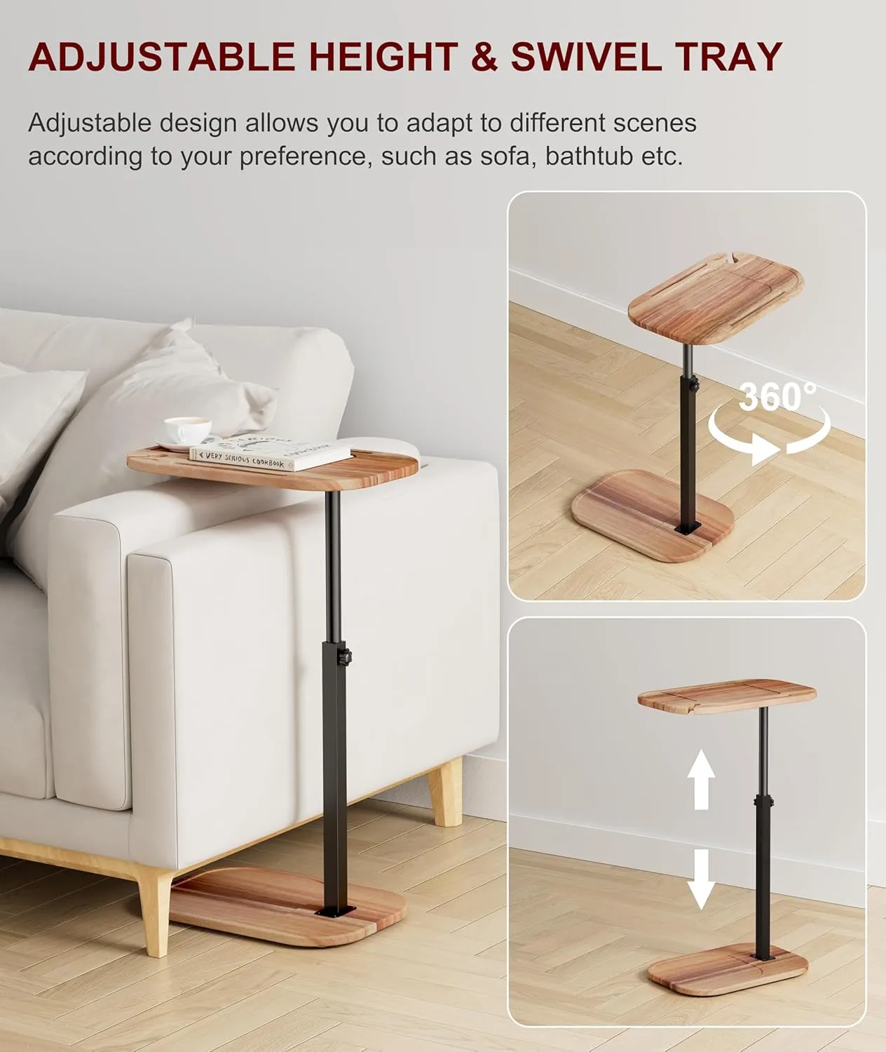 ZUJJAFY TV Tray Table Adjustable Height Swivel Tray Tables for Couch, Acacia Wood Couch Side Table for Drinks, Snacks and Small Space, C Shaped End Table Couch Arm Table for Sofa, Bed or Chair