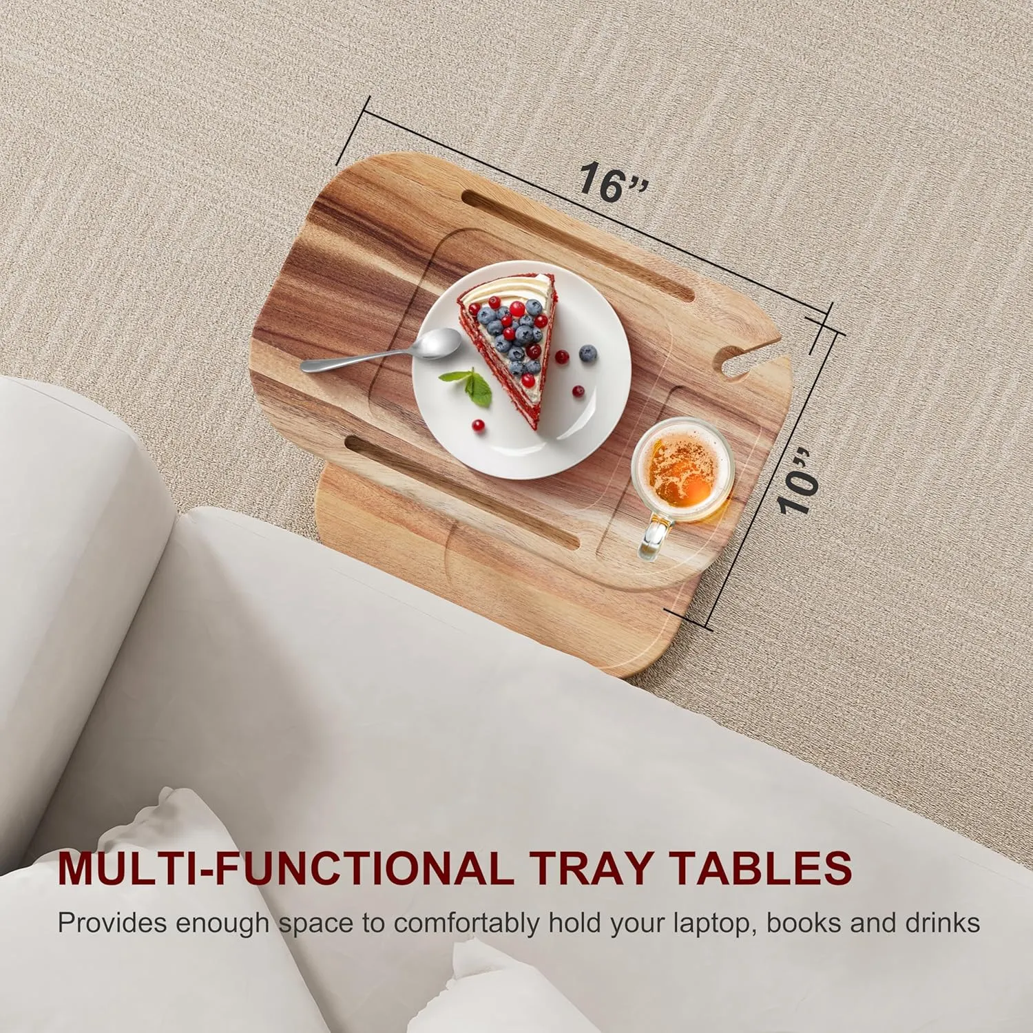 ZUJJAFY TV Tray Table Adjustable Height Swivel Tray Tables for Couch, Acacia Wood Couch Side Table for Drinks, Snacks and Small Space, C Shaped End Table Couch Arm Table for Sofa, Bed or Chair